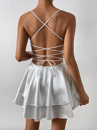 Sleeveless White Lace Up Backless Cami Dress Fashion Mini Short Dress